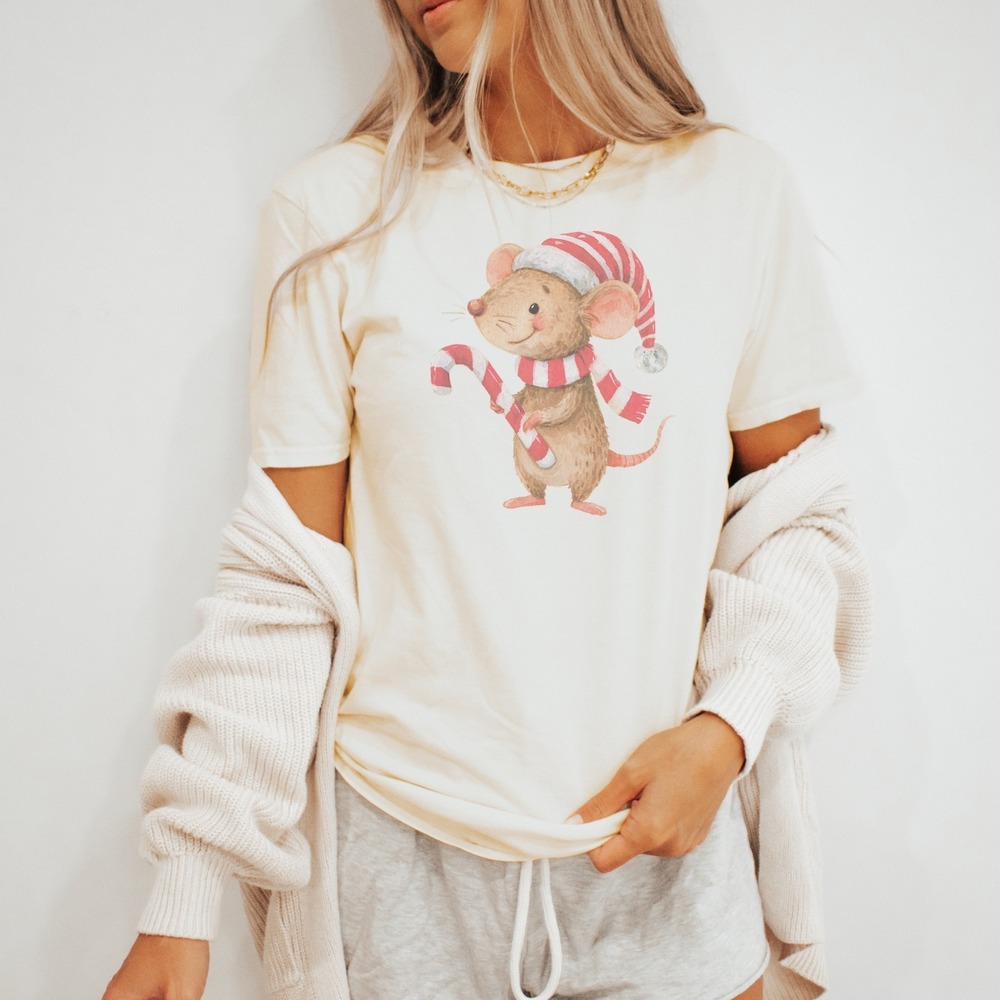 Christmas Mouse Carrying a Candy Cane Festive Tee